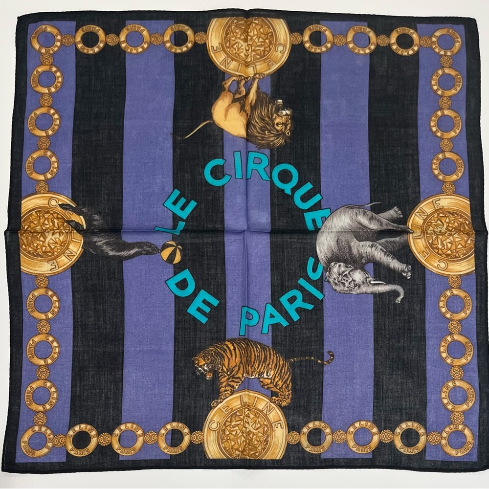 Celine Vintage Handkerchief Mini Scarf Art Animal Logo Cotton Pocket Square 18.5